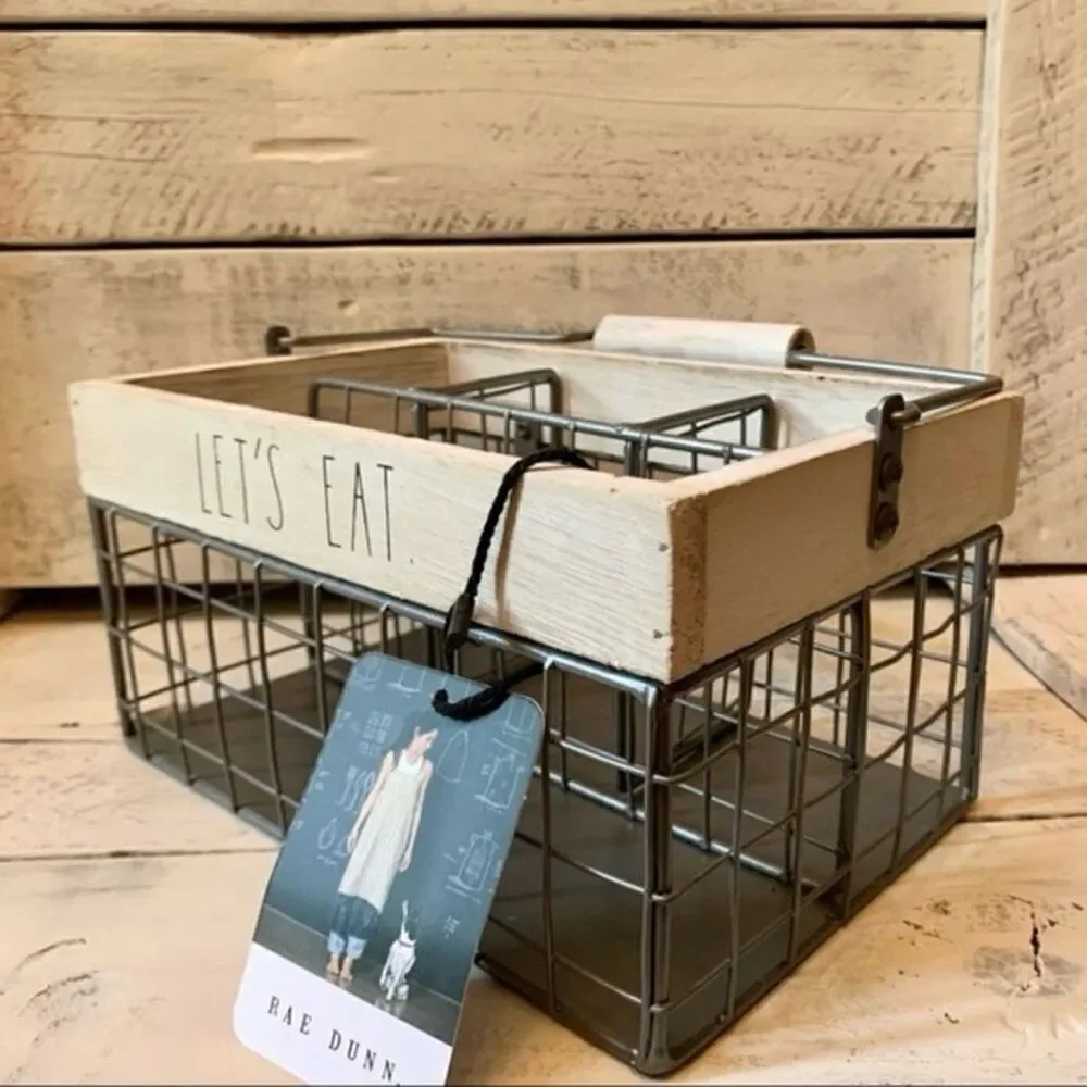 NWT Rae Dunn Let’s eat Caddy Utensils Organizer wire Wood Handle Big Lettering
